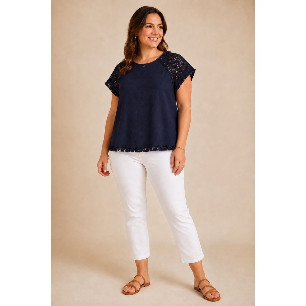 Umgee USA Navy Blue Linen Blend Crochet Lace Sleeve Fringe Hem Boho Top 2XL